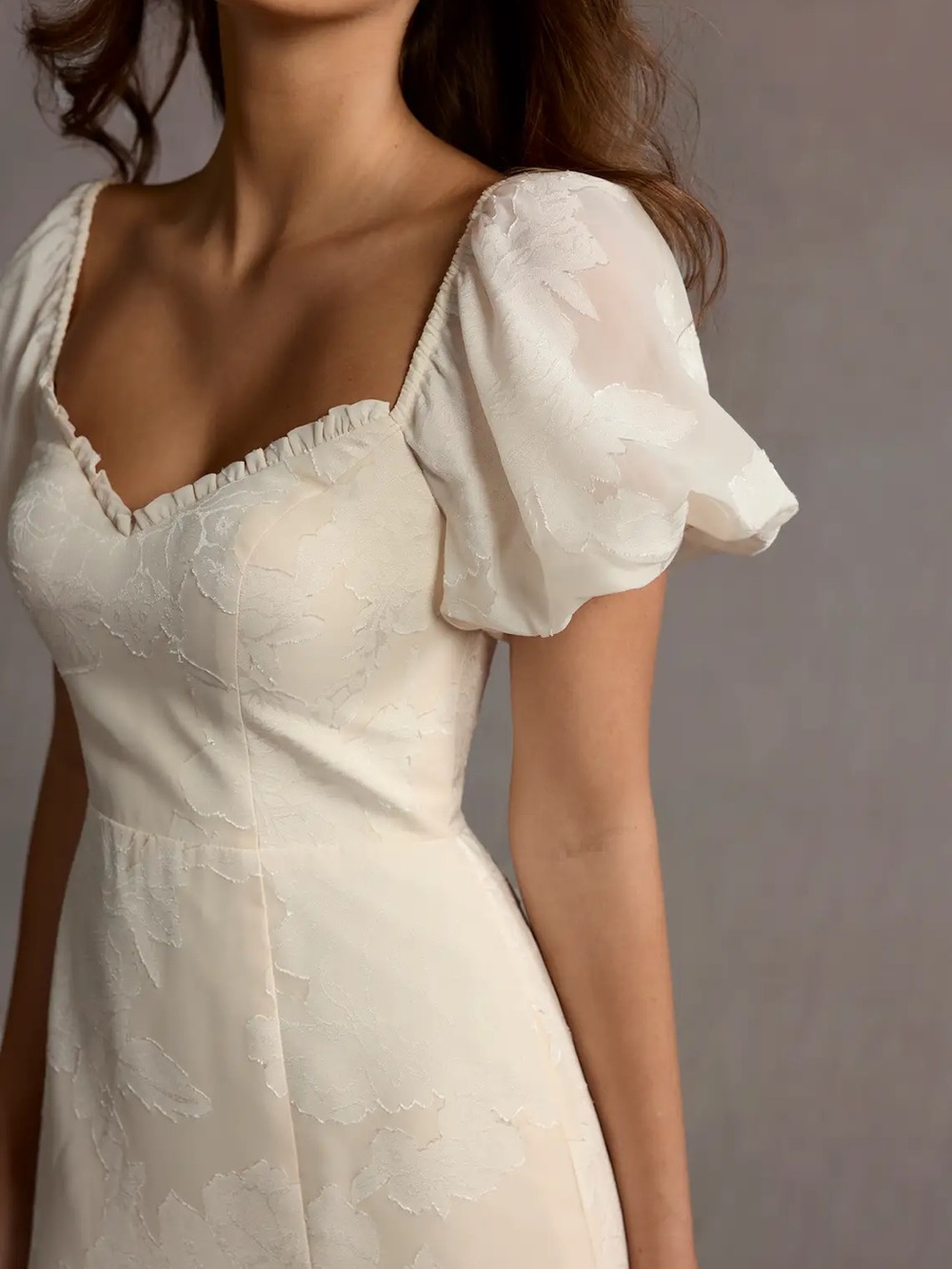 Azazie Misha Ivory Puff-Sleeve Midi Dress with Front Slit - Picture 4 of 10